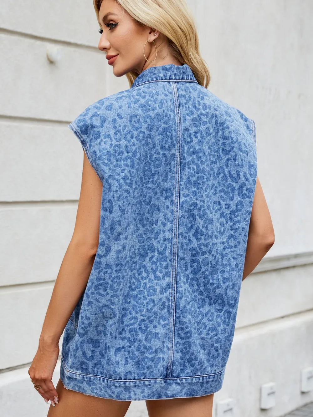 Leopard Button Up Cap Sleeve Denim Jacket, view 3
