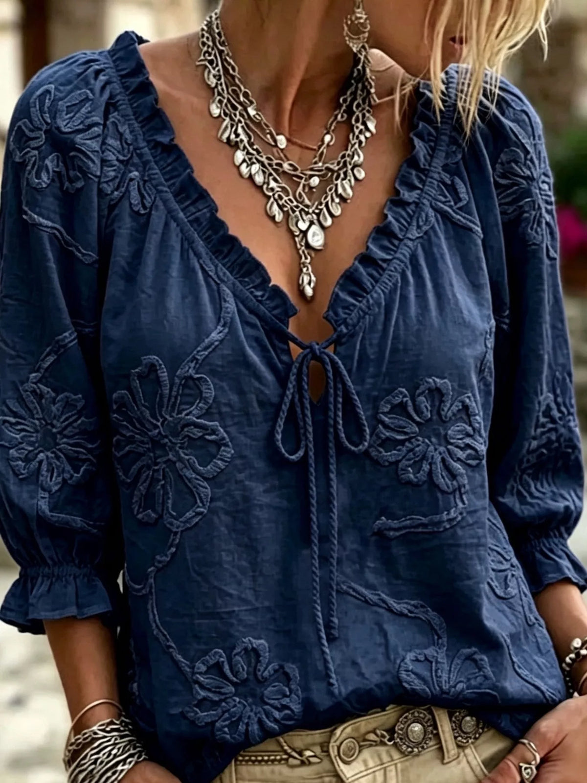 Full Size Flower Tie Front 3/4 Sleeve Blouse Plus Size - Lilixa.store
