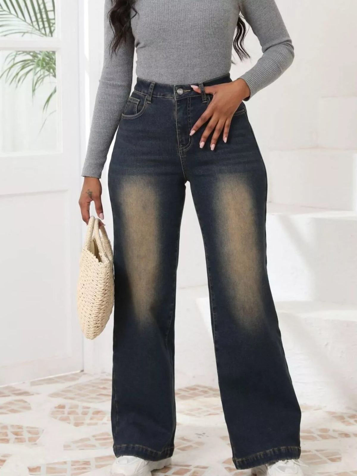 High-Waisted Washed Wide-Leg Jeans