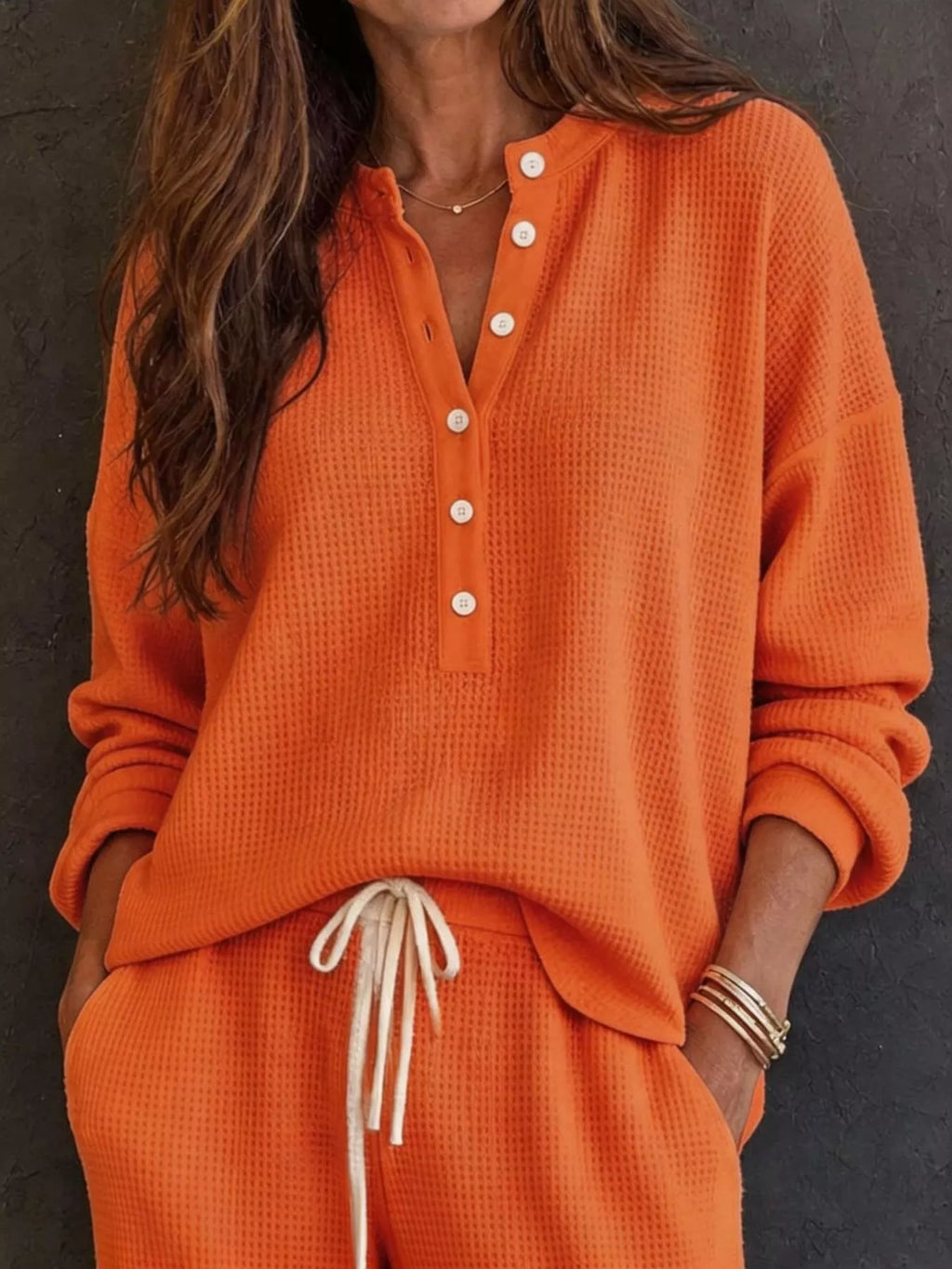Waffle Knit Henley Top and Wide Leg Pants Set - Lilixa.store