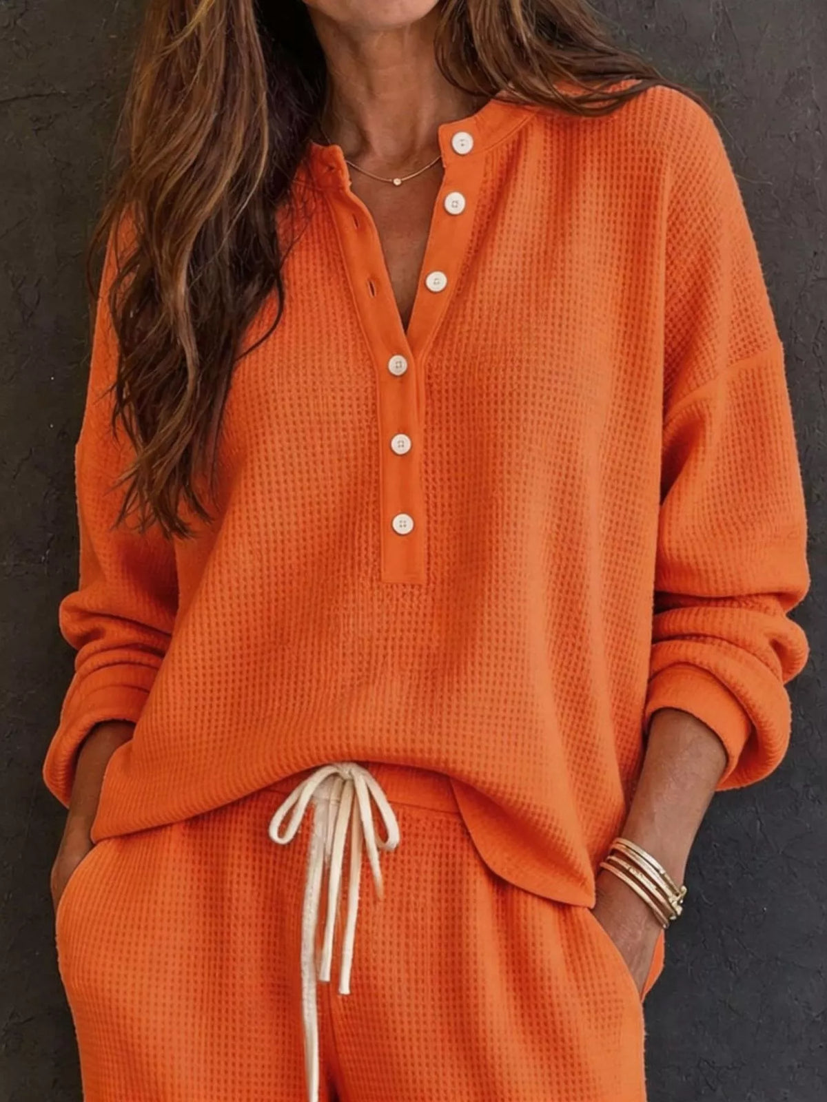Waffle Knit Henley Top and Wide Leg Pants Set - Lilixa.store