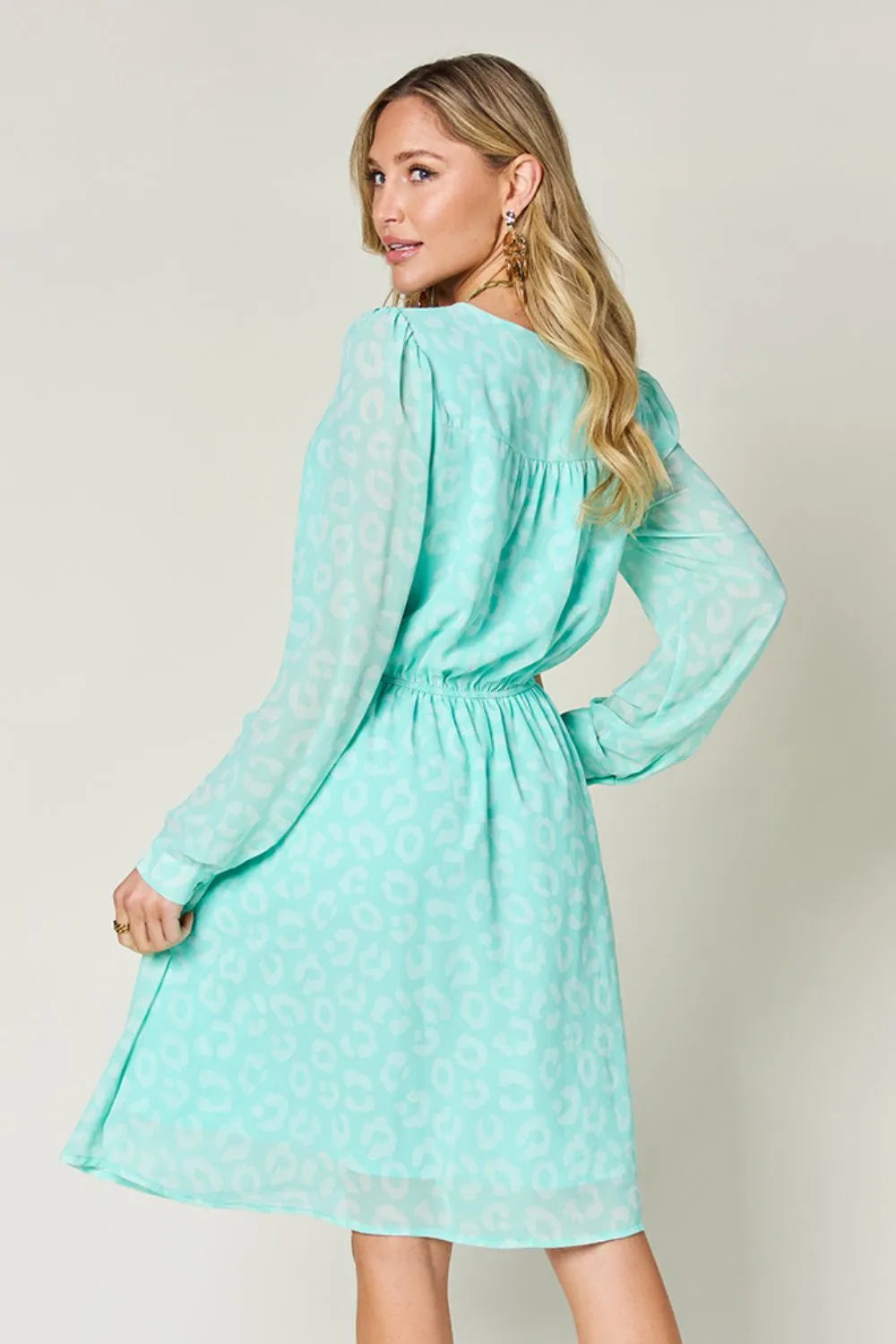 Double Take Full Size Printed Ruched V-Neck Long Sleeve Dress - Lilixa.store