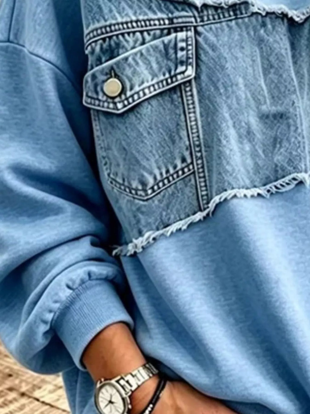 Full Size Denim Patchwork Dropped Shoulder Sweatshirt Plus Size - Lilixa.store