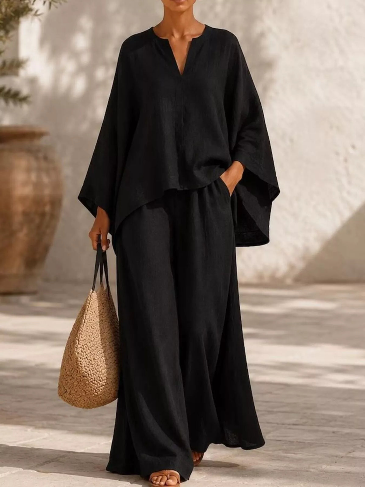 Full Size Loose Fit Top and Wide-Leg Pants Set Plus Size in Black