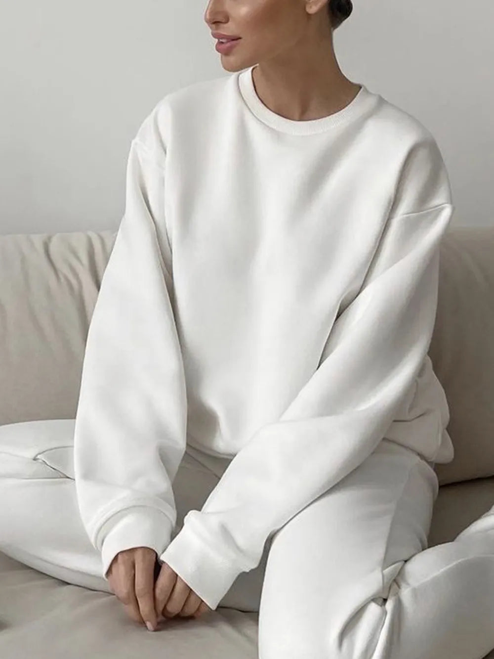 Round Neck Dropped Shoulder Long Sleeve Sweatshirt - Lilixa.store