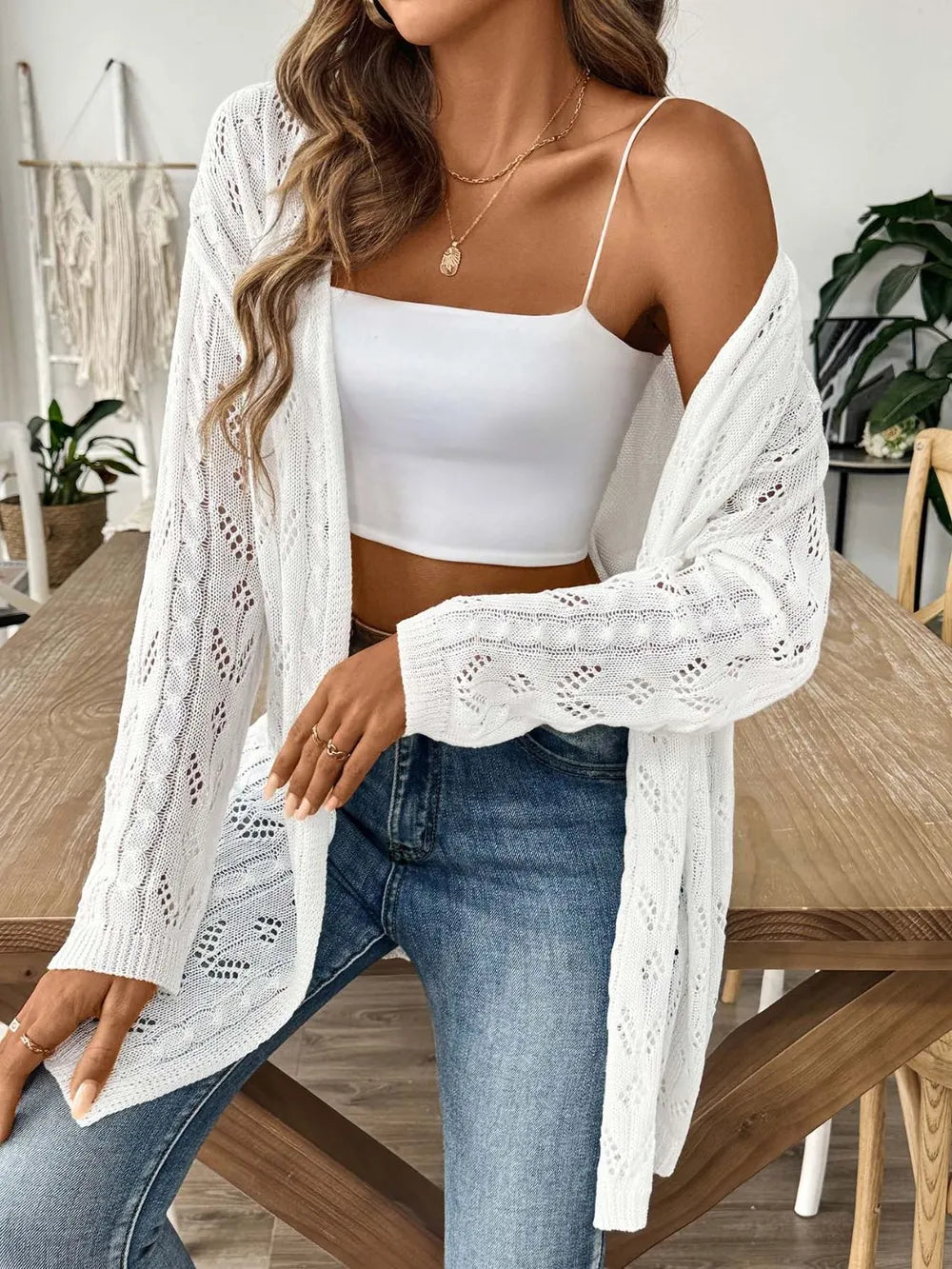 Openwork Open Front Long Sleeve Cardigan - Lilixa.store