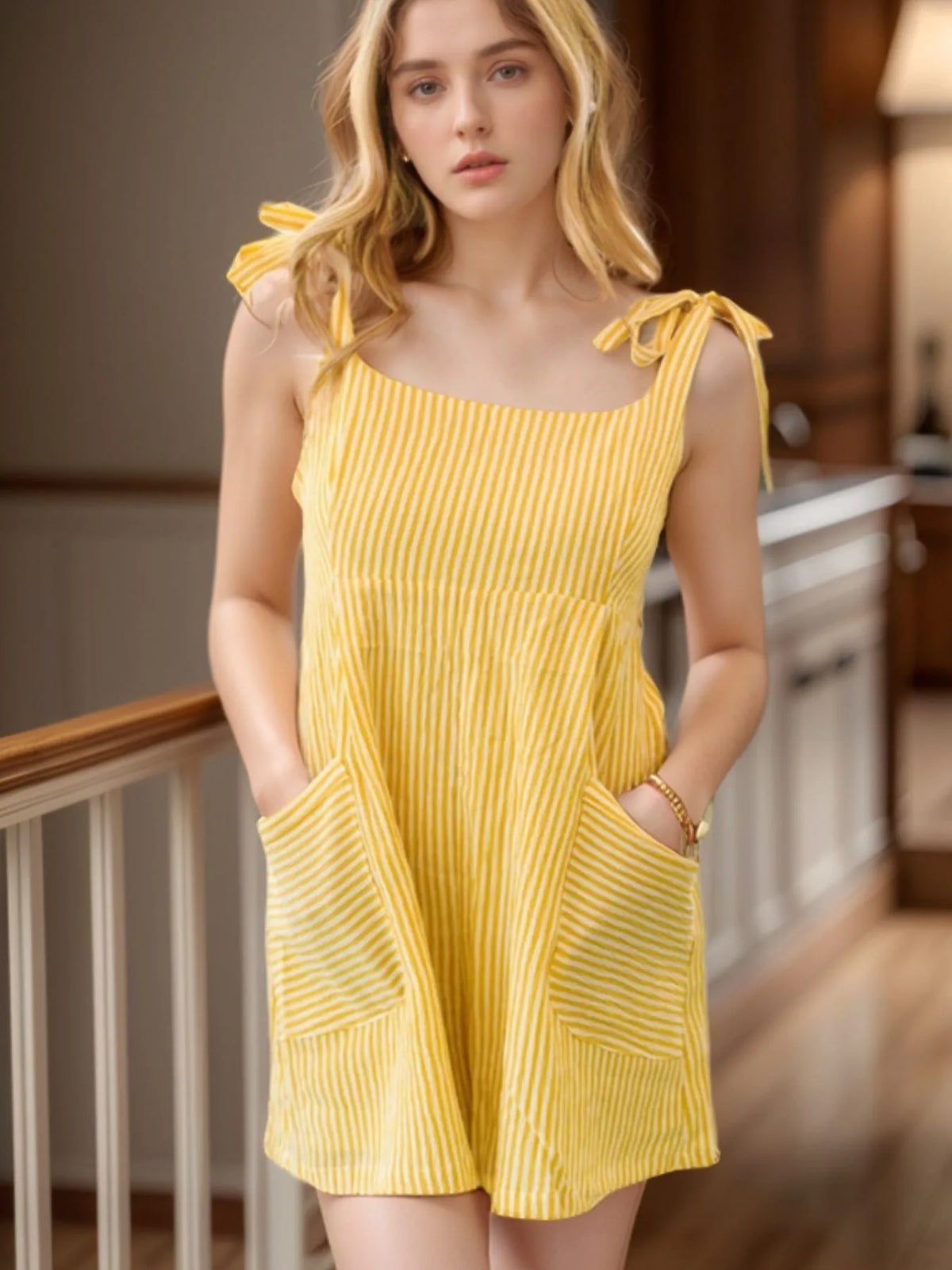 Stripe Shoulder Tie Smocked Back Casual Romper - Lilixa.store