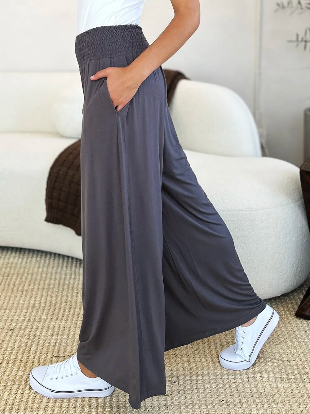 Basic Bae Full Size Smocked Wide Waistband Wide Leg Pants - Lilixa.store