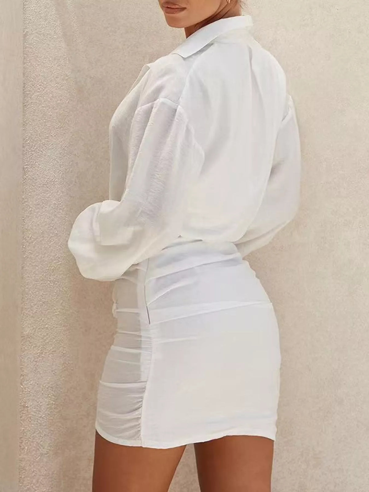 Deep V-Neck Ruched Asymmetrical Mini Dress in White, view 6