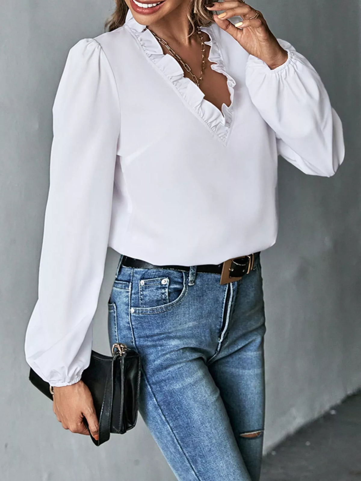 Ruffled Trim V-Neck Blouse - Lilixa.store