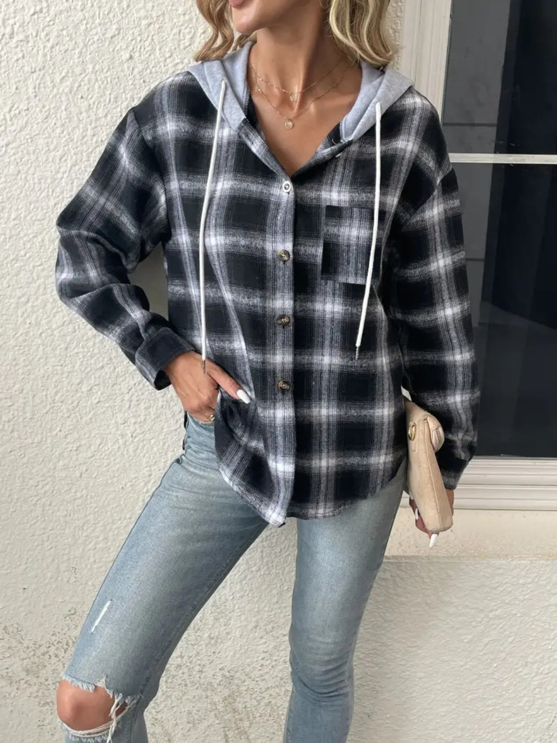 Plaid Drawstring Button Up Hooded Jacket in Black