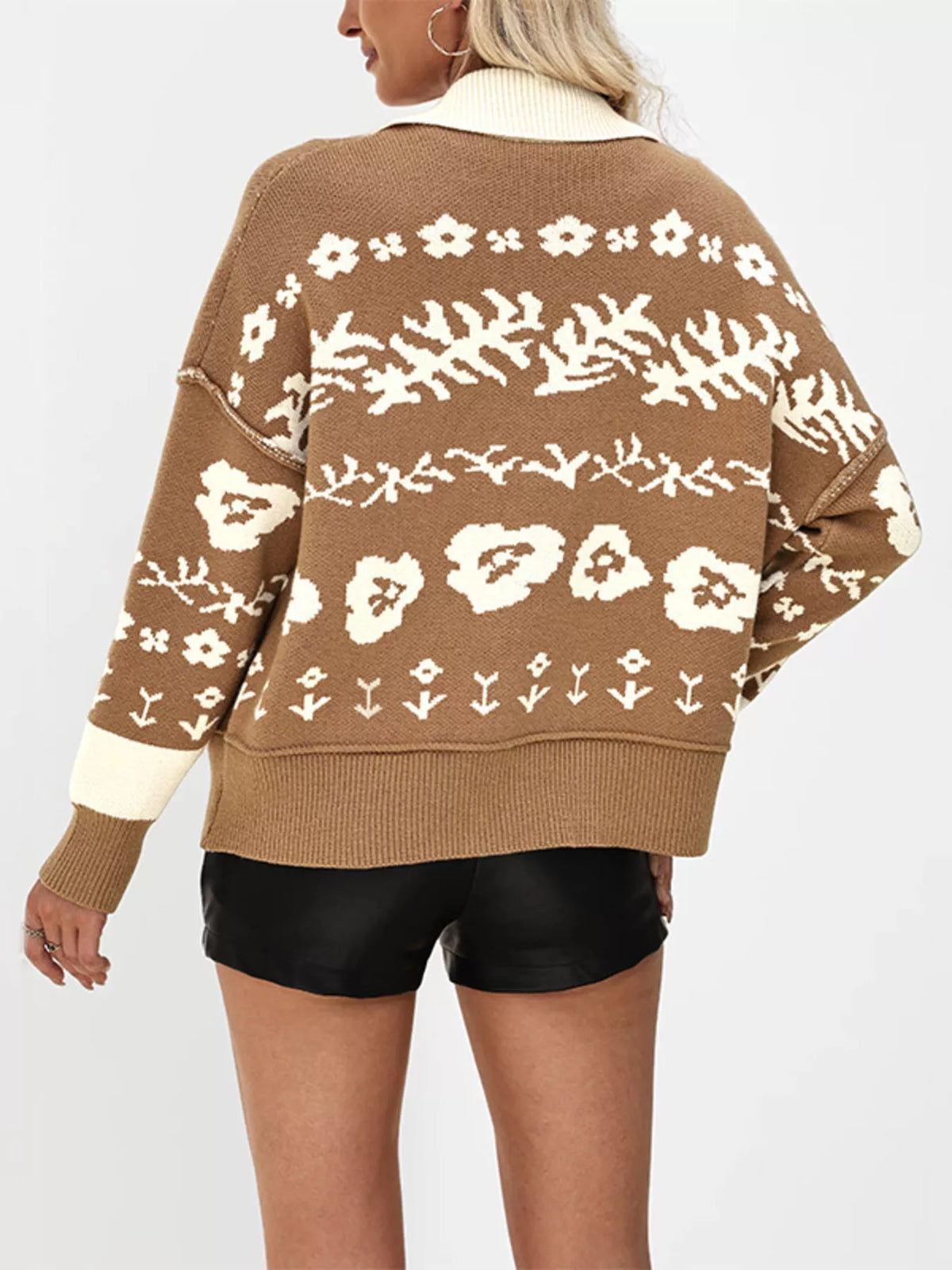 Floral Pattern Knit Cardigan with Contrast Collar - Lilixa.store