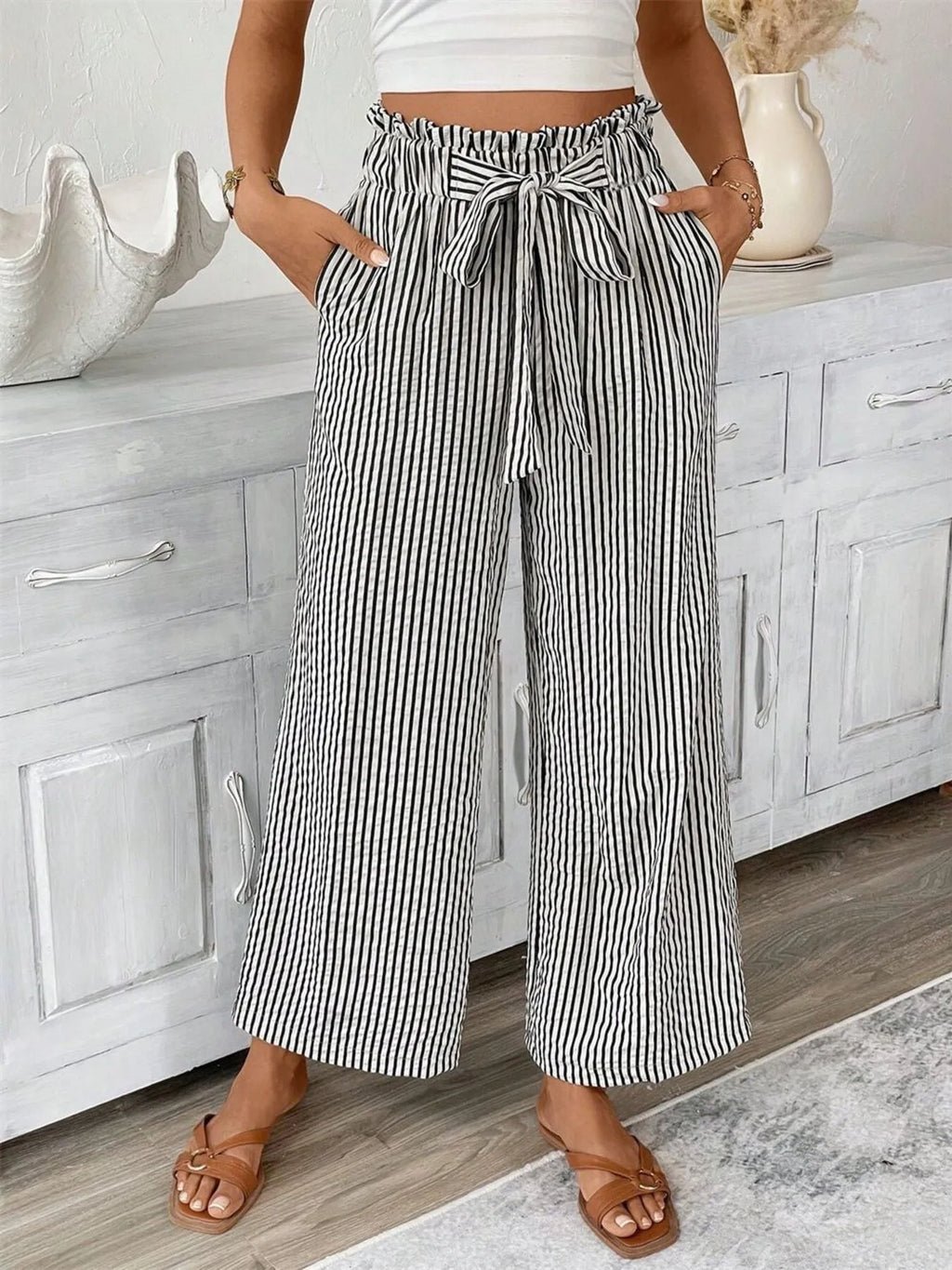 Full Size Striped Wide Leg Paper Bag Pants Plus Size - Lilixa.store