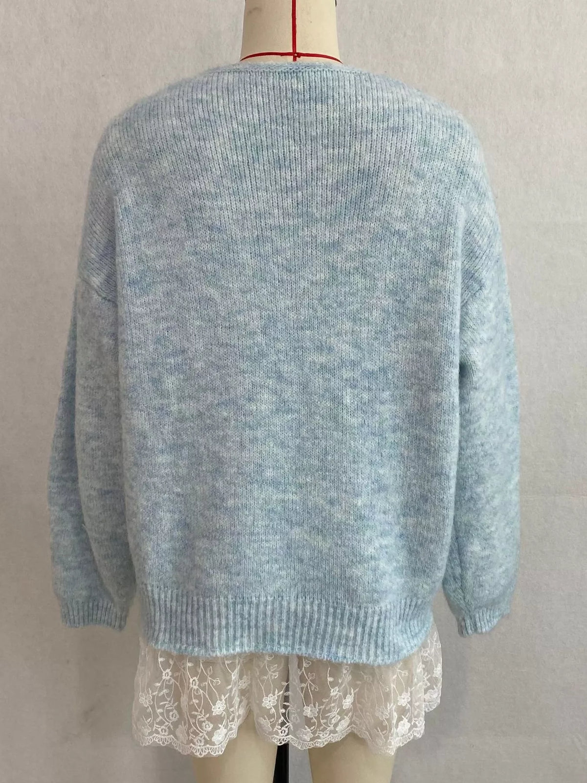 V-Neck Floral Applique Lace Hem Sweater, view 5