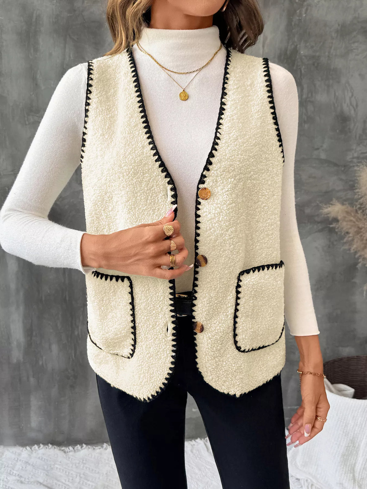 V-Neck Button Up Vest Coat in Apricot, view 3
