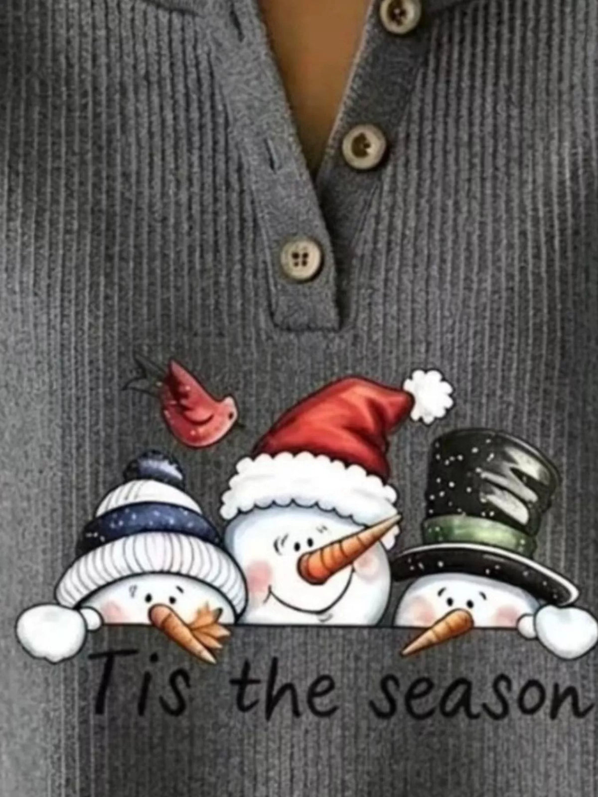 Full Size Christmas Themed Snowman Graphic Ribbed Henley Sweatshirt Plus Size, view 5