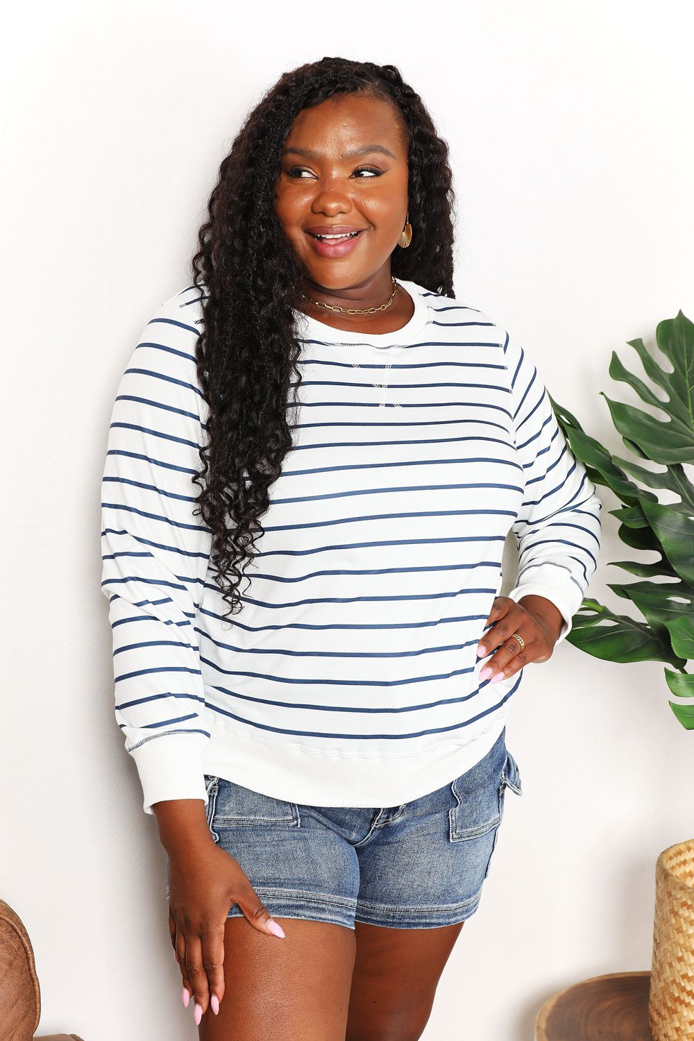 Double Take Striped Long Sleeve Round Neck Top, view 7