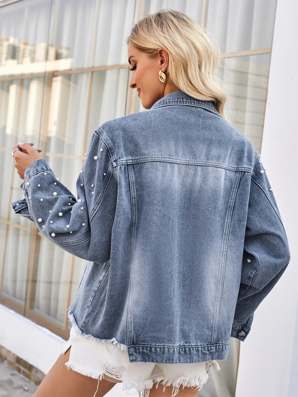 Pearl Trim Raw Hem Denim Jacket, view 5