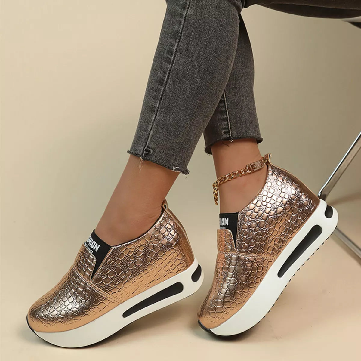 Round Toe Platform Slip-Ons in Gold