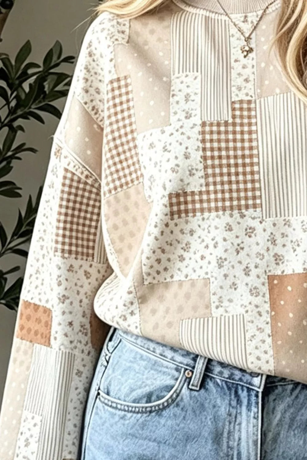 Vintage Patchwork Print Dropped Shoulder Sweatshirt - Lilixa.store