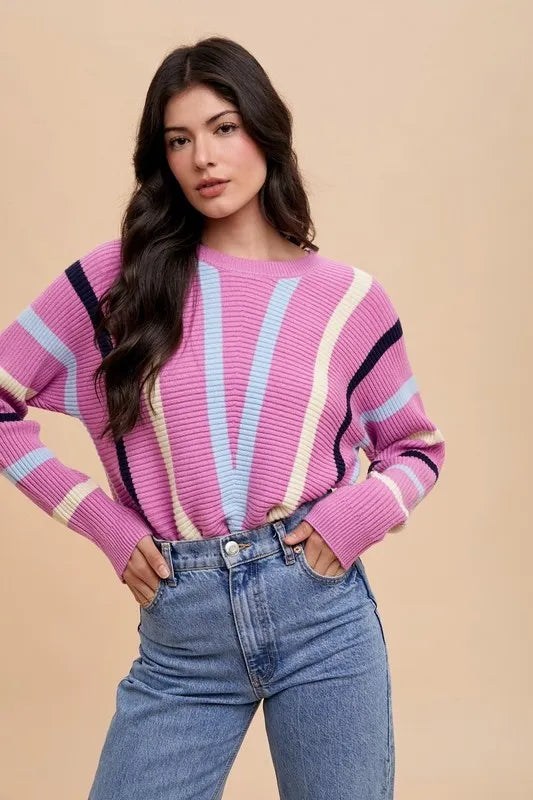 Annie Wear Chevron Stripe Round Neck Ribbed Sweater - Lilixa.store