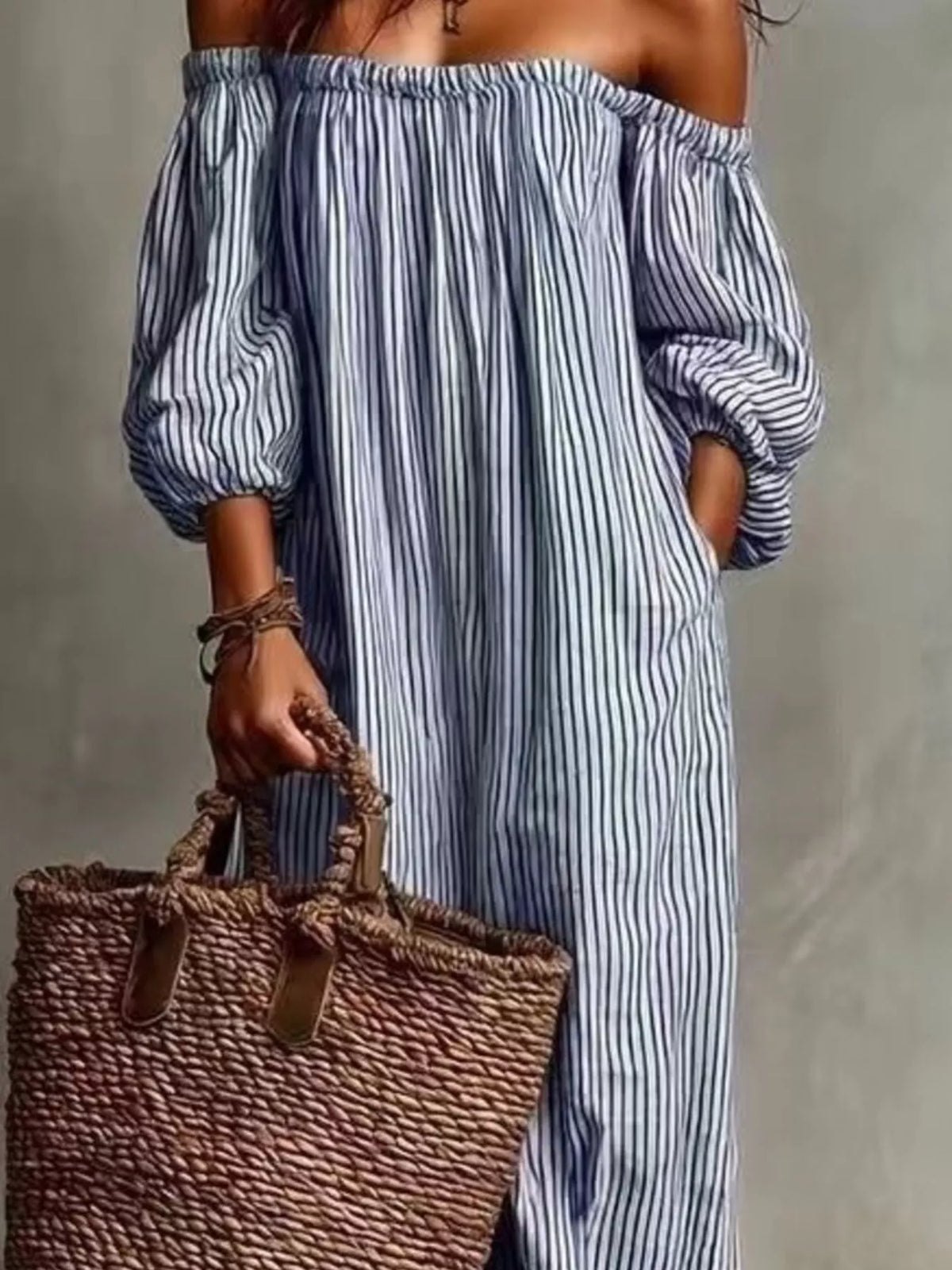 Full Size Off-Shoulder Striped Maxi Dress with Puff Sleeves Plus Size - Lilixa.store