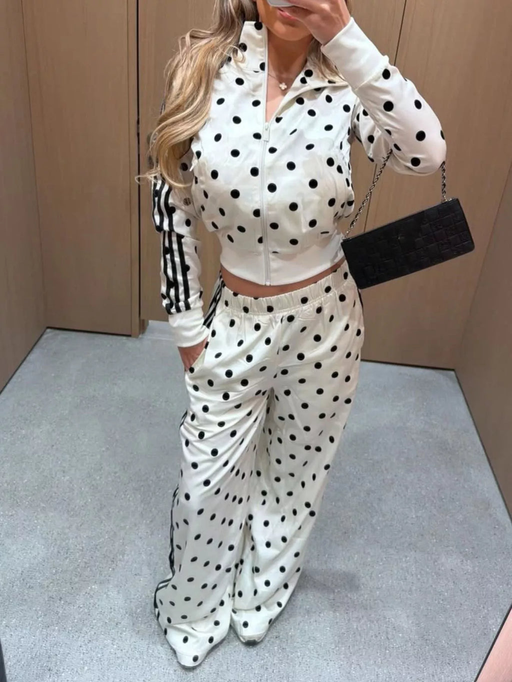 Polka Dot Side Striped Outerwear and Pants Set - Lilixa.store