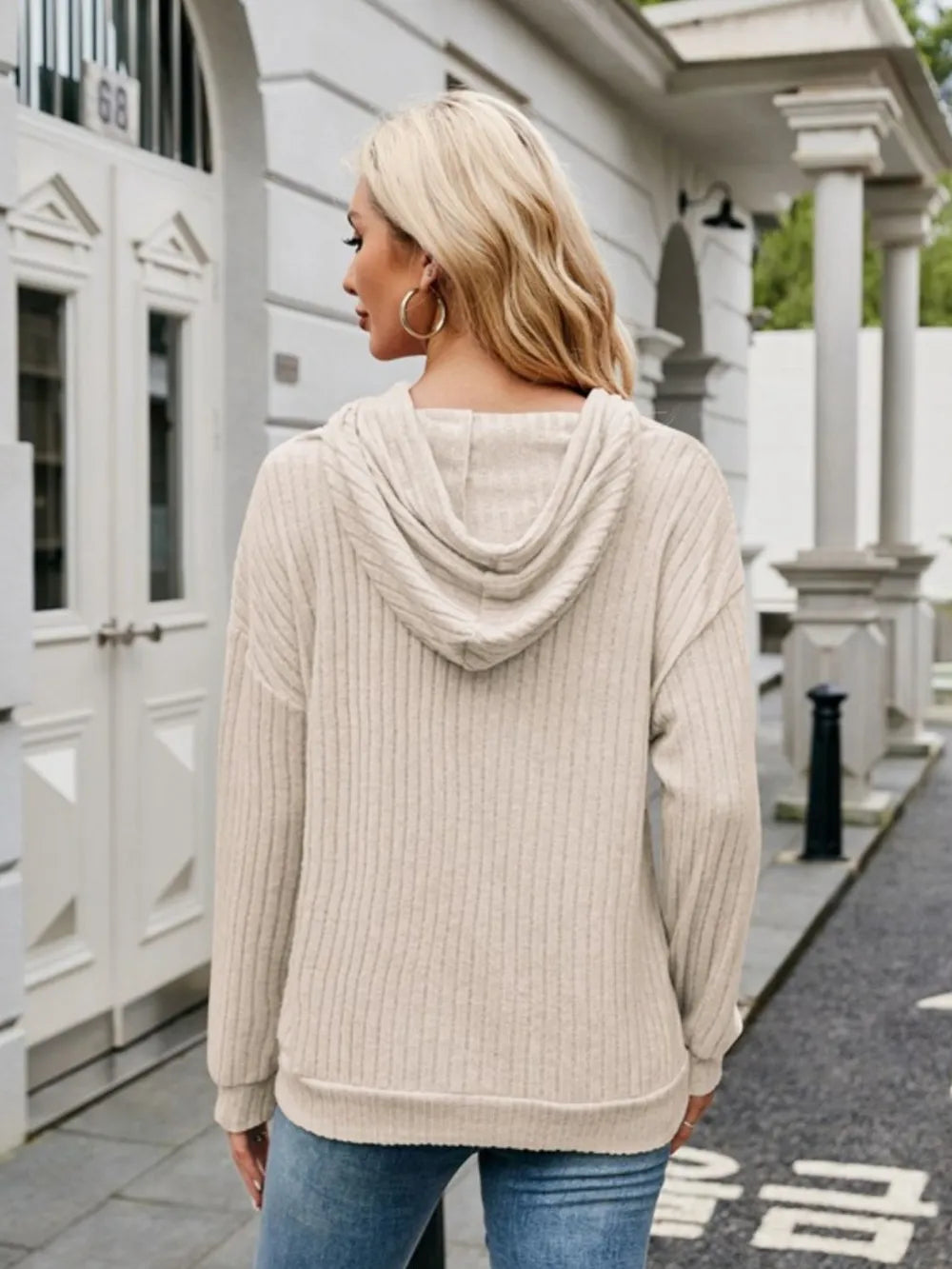 Ribbed Drawstring Long Sleeve Hoodie - Lilixa.store