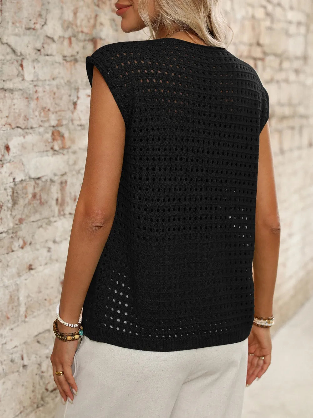 Tied Front Openwork V-Neck Knit Top, view 12