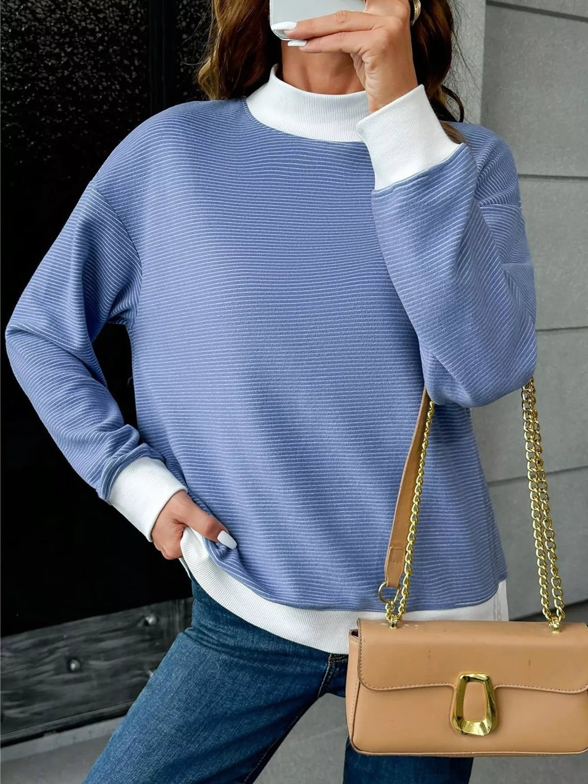 Casual Mock Neck Striped Long Sleeve T-Shirt