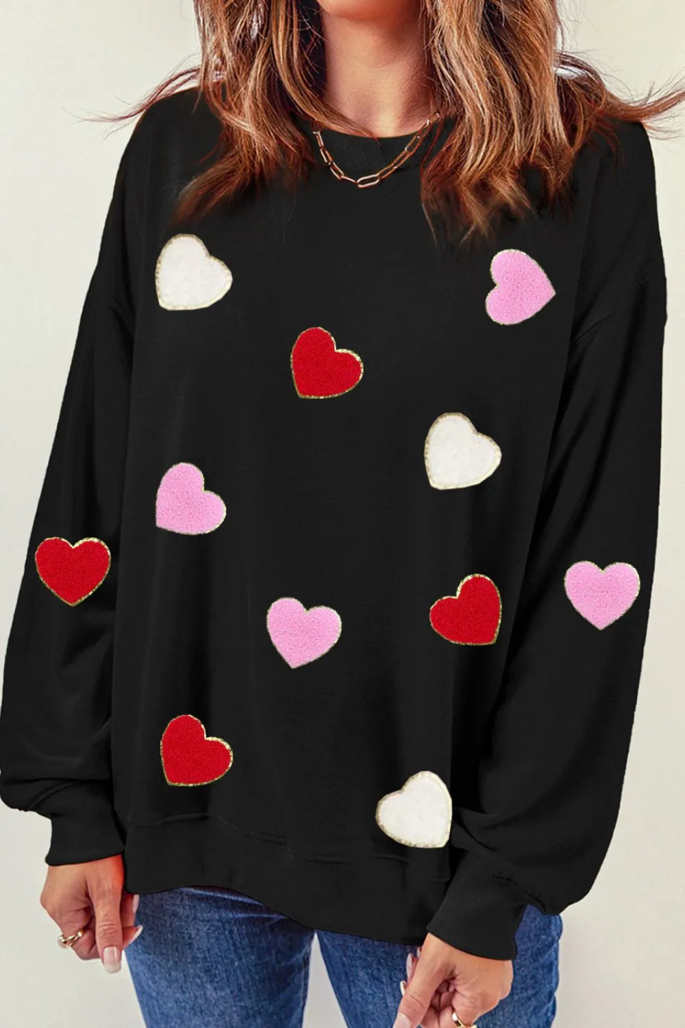 Valentine's Day Contrast Heart Long Sleeve Sweatshirt - Lilixa.store
