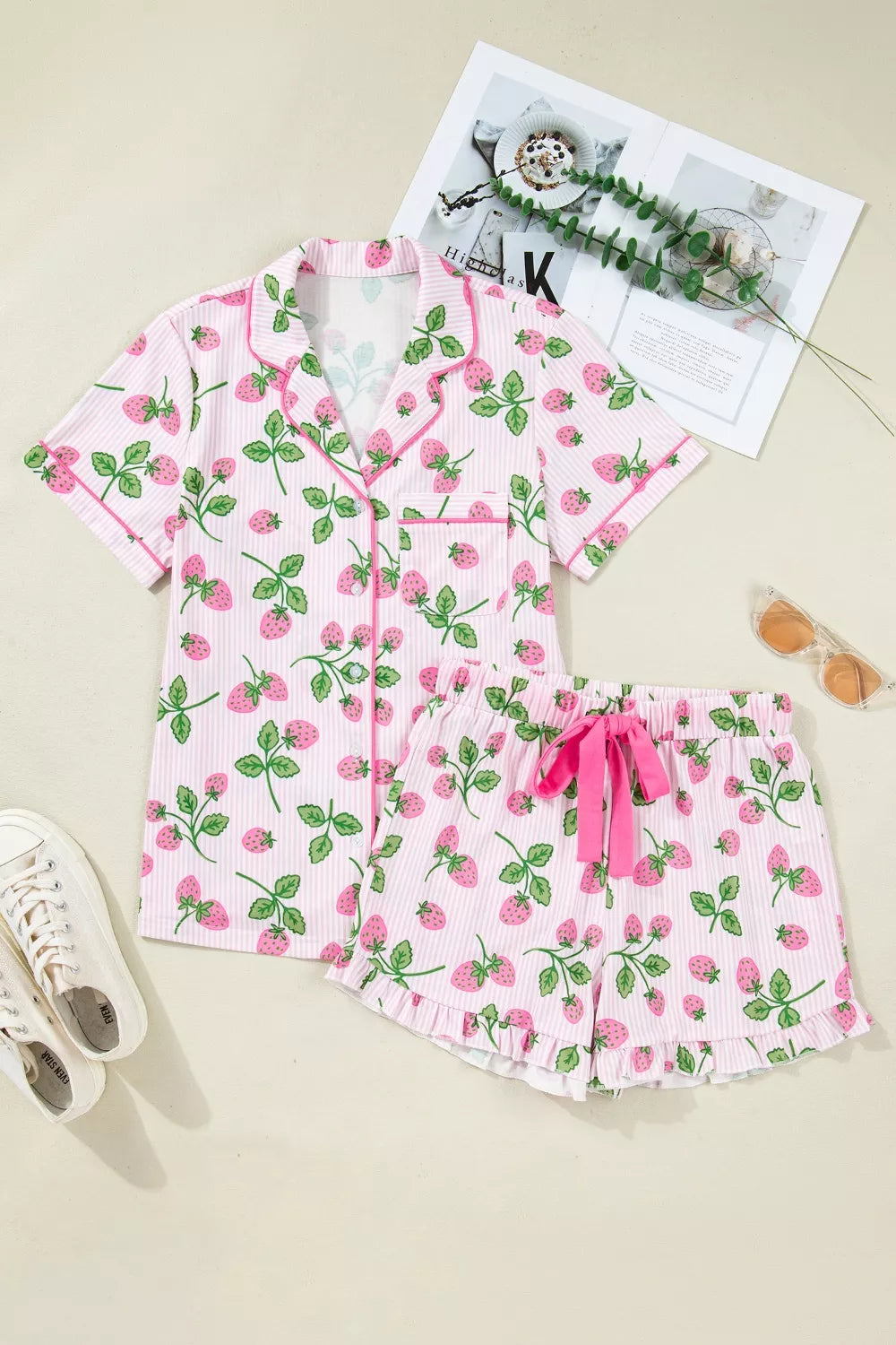 Striped Strawberry Print Lapel Shirt Drawstring Shorts 2pcs Pajama Set - Lilixa.store