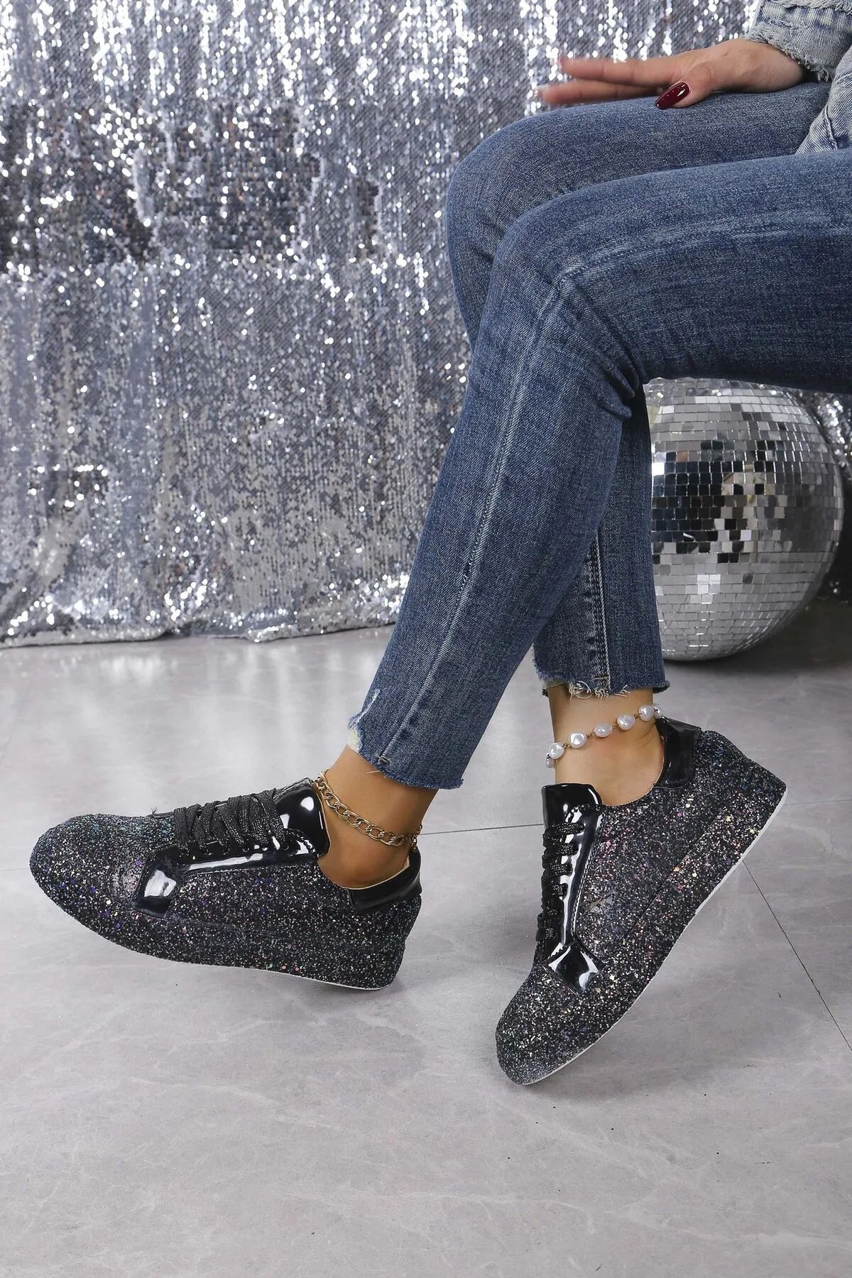 Glitter Sparkle Lace Up Sneakers, view 2