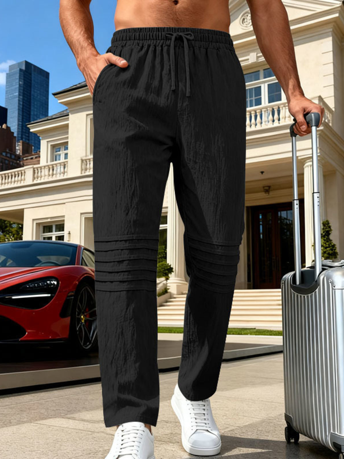 Men's Full Size Casual Drawstring Pants Plus Size in Black