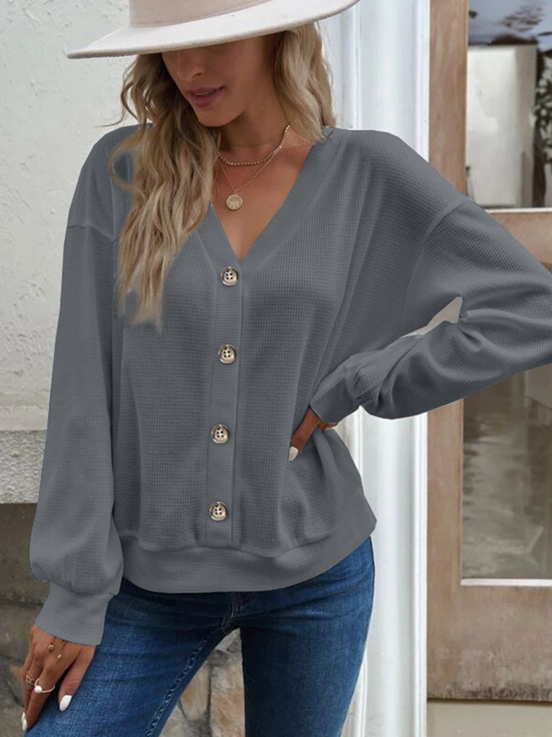 V-Neck Dropped Shoulder Blouse - Lilixa.store