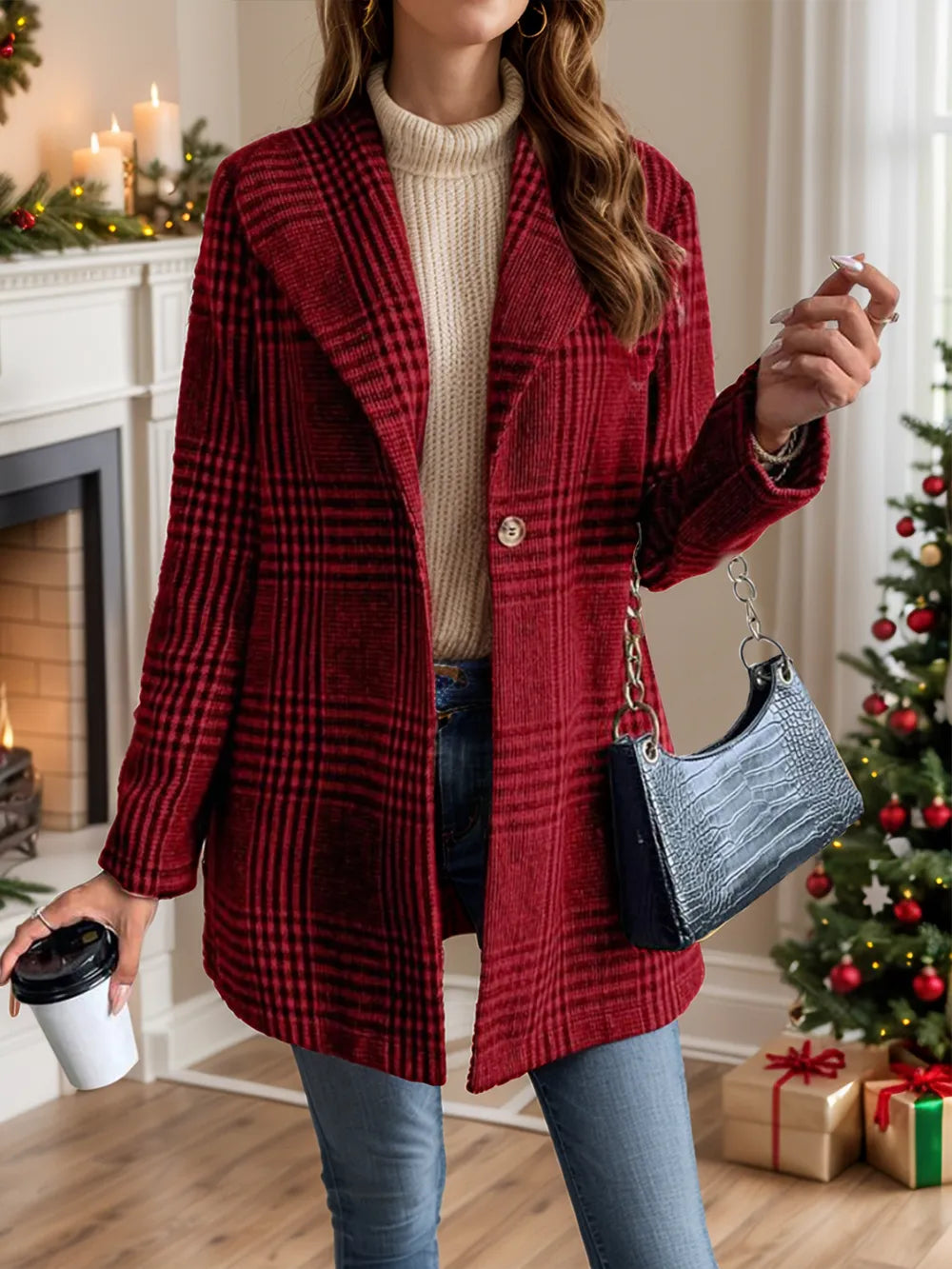 Plaid Collared Neck Long Sleeve Jacket in Burgundy