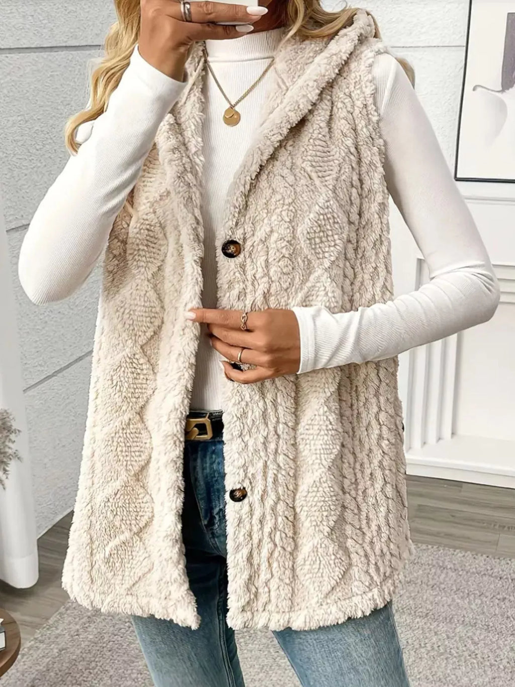 Button Up Plush Hooded Vest Coat - Lilixa.store