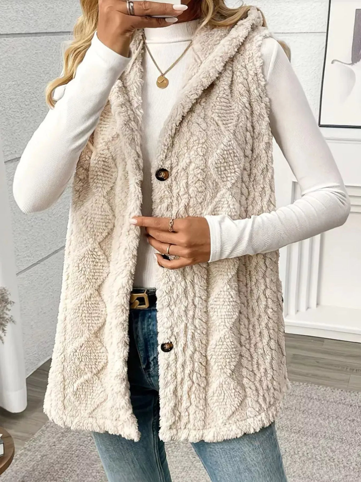 Button Up Plush Hooded Vest Coat - Lilixa.store