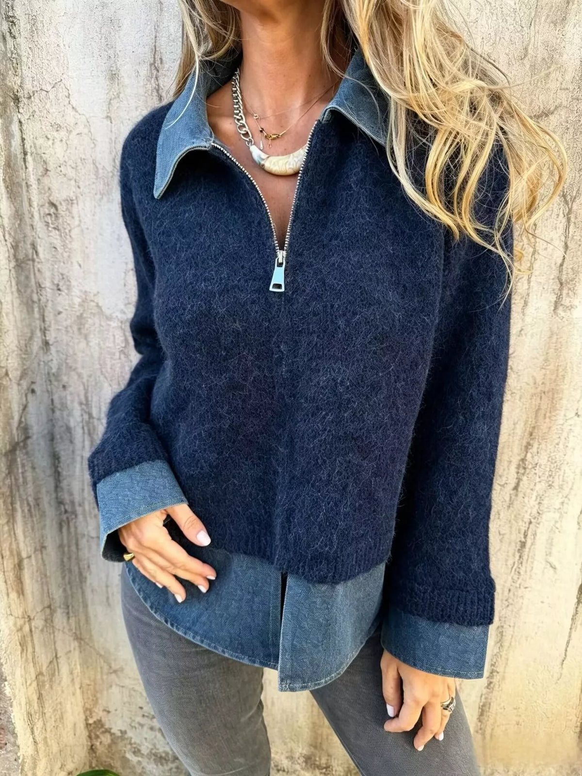 Contrast Denim Collar Half-Zip Knit Sweater - Lilixa.store