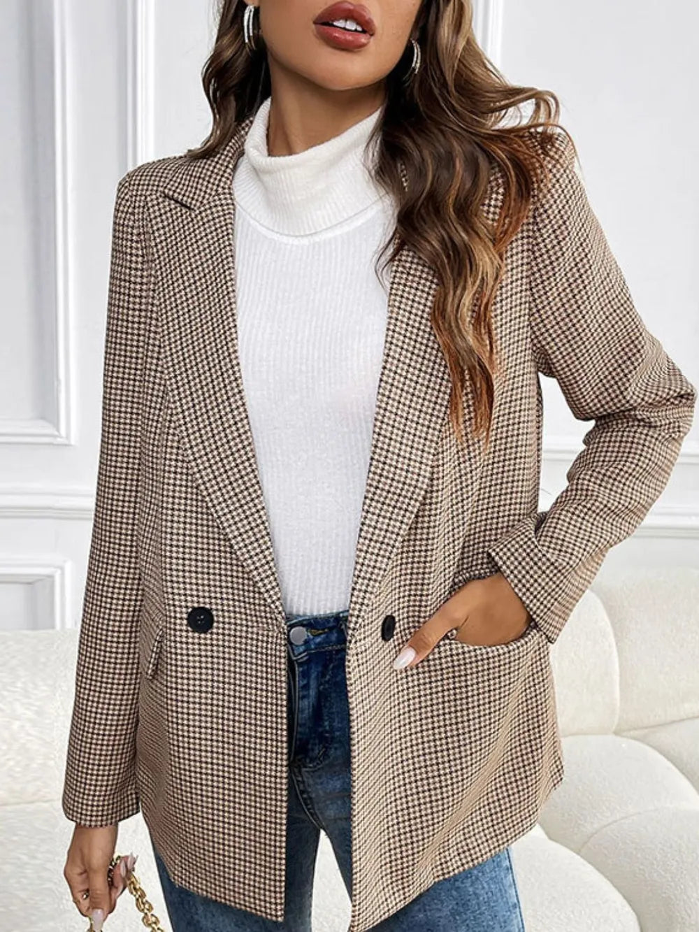 Perfee Plaid Lapel Collar Long Sleeve Blazer in Camel