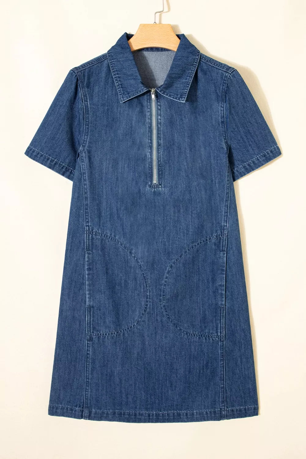 Zip Up Collared Short Sleeve Shift Mini Denim Dress - Lilixa.store