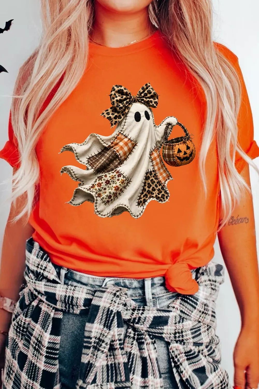 Halloween Ghost Graphic Short Sleeve T-Shirt in Orange, view 3