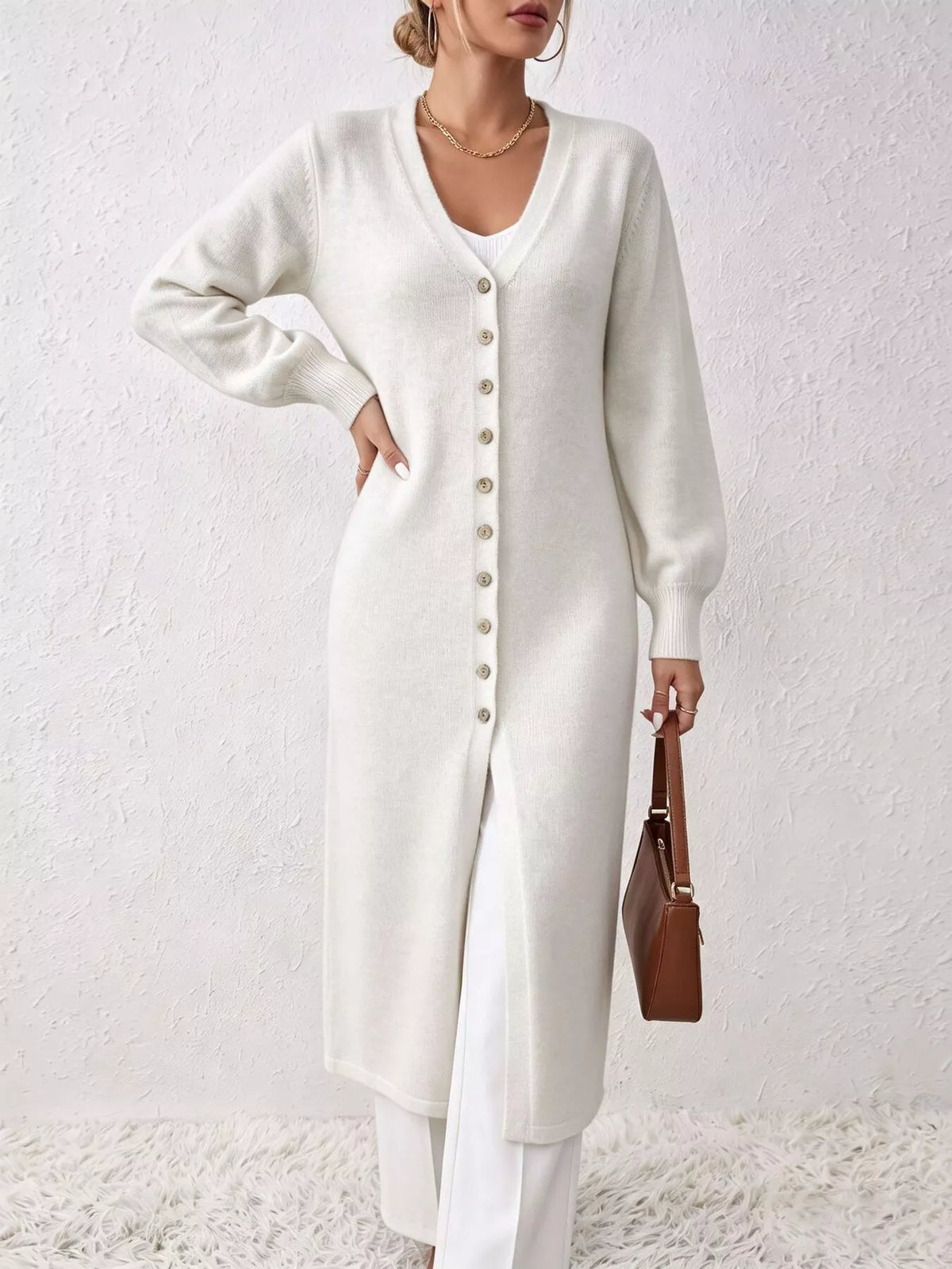 Button Front Long Sleeve Sweater Dress - Lilixa.store