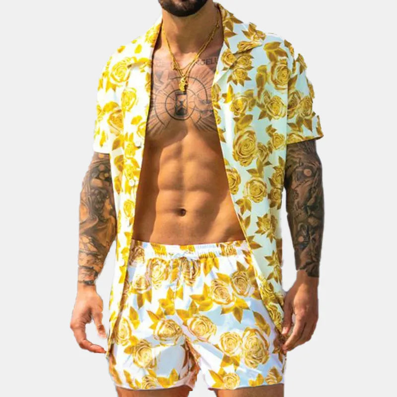 Men's Full Size Button Up Shirt and Shorts Set Plus Size in Yellow