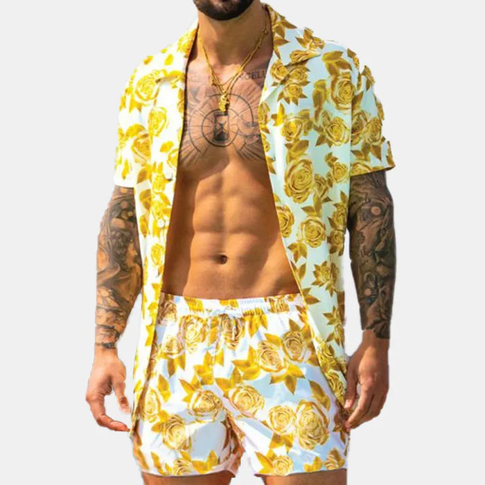 Men's Full Size Button Up Shirt and Shorts Set Plus Size in Yellow