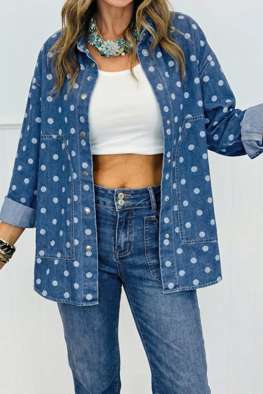Polka Dot Long Sleeve Collar Shift Tunic Denim Jacket in Dusty Blue