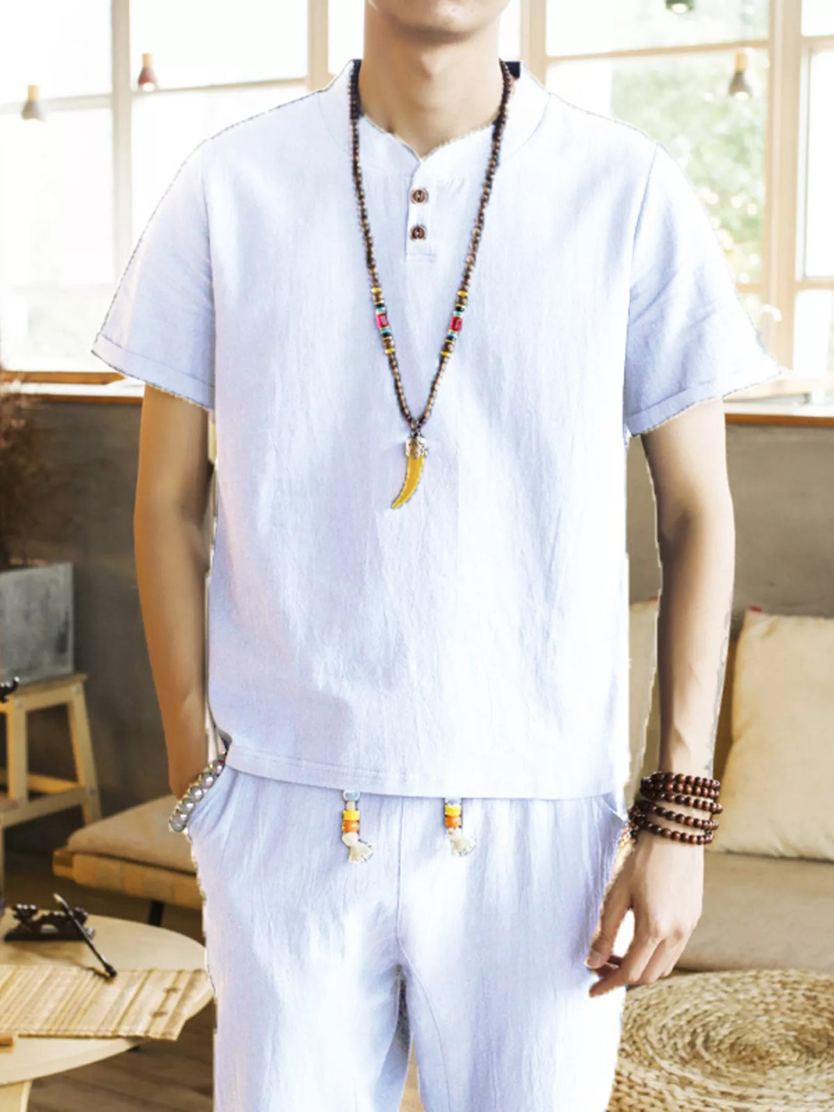 Men's Plus Size Button Detail Short Sleeve Top and Pants Set - Lilixa.store