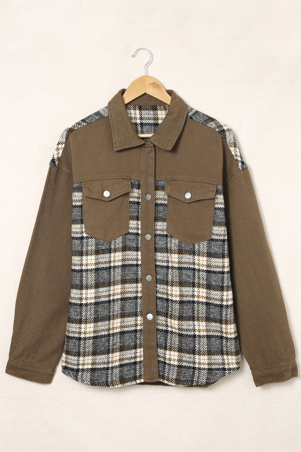 Plaid Collared Denim Jacket in Olive, view 4