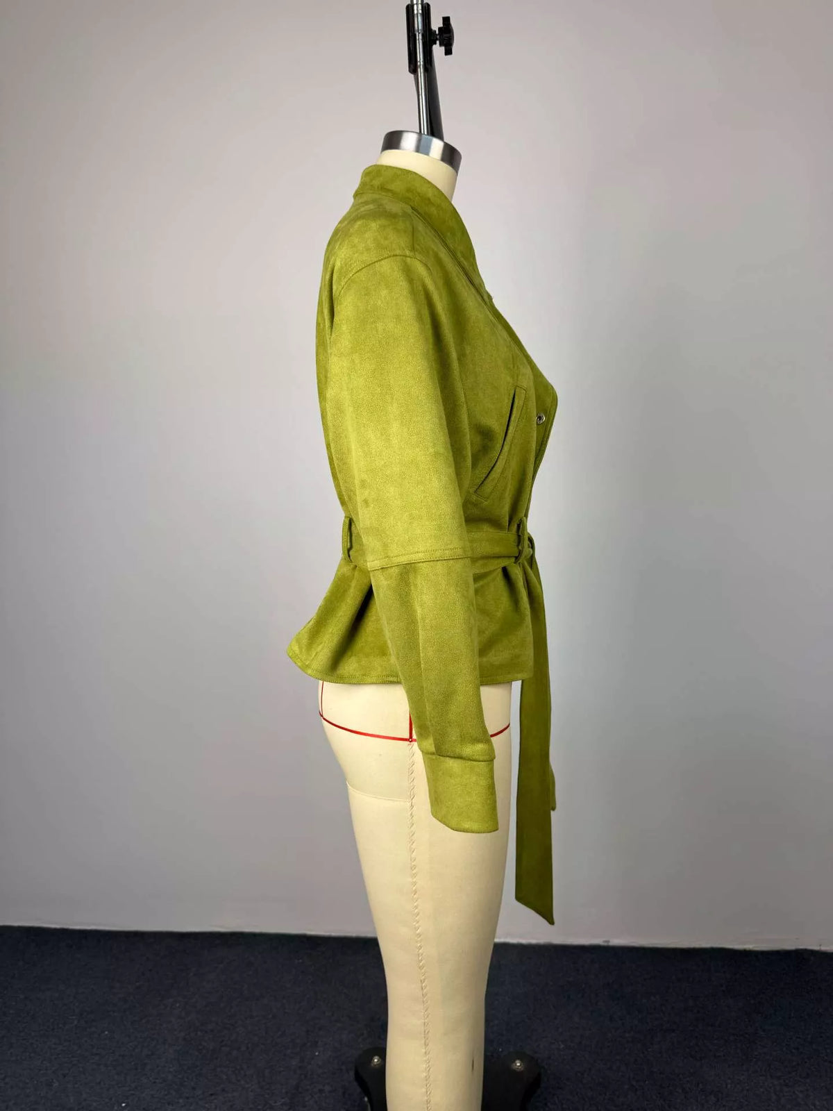 Tie Waist Long Sleeve Cropped Jacket in Matcha Green, view 8