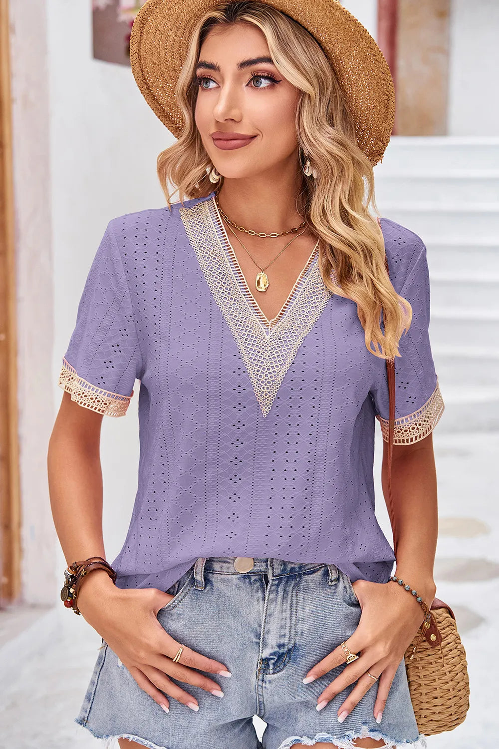 Eyelet V-Neck Short Sleeve T-Shirt - Lilixa.store